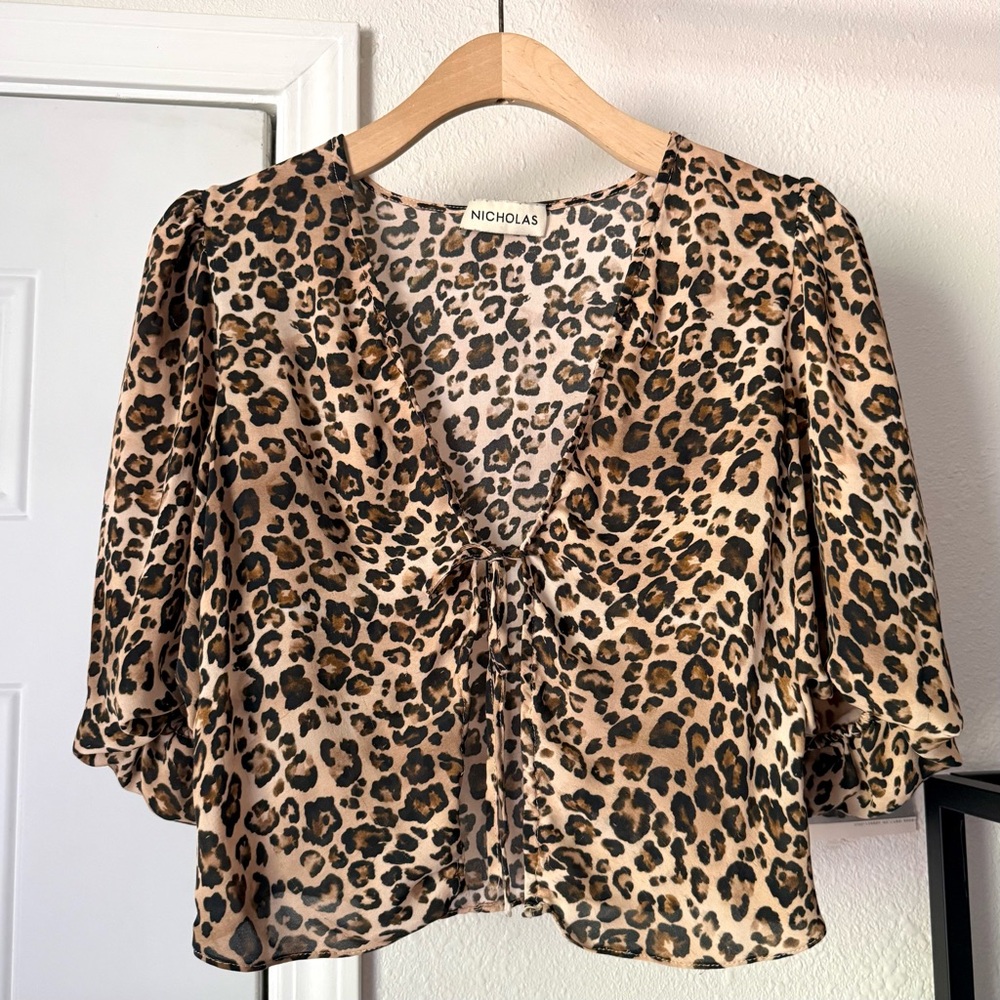 NICHOLAS tan brown cream leopard cheetah puff tie front cropped top blouse